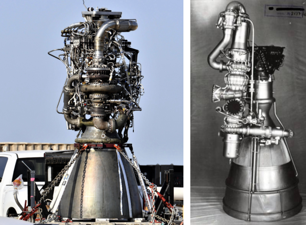 SpaceX's Raptor Engine (left) and the Kuznetsov Design Bureau NK-15 (right).