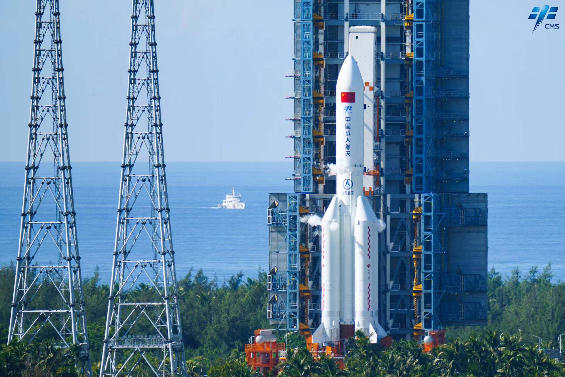 The Wentian module atop of a Long March 5B prior to launch on the pad at the Wenchang Space Launch Site. ©China Manned Space Agency