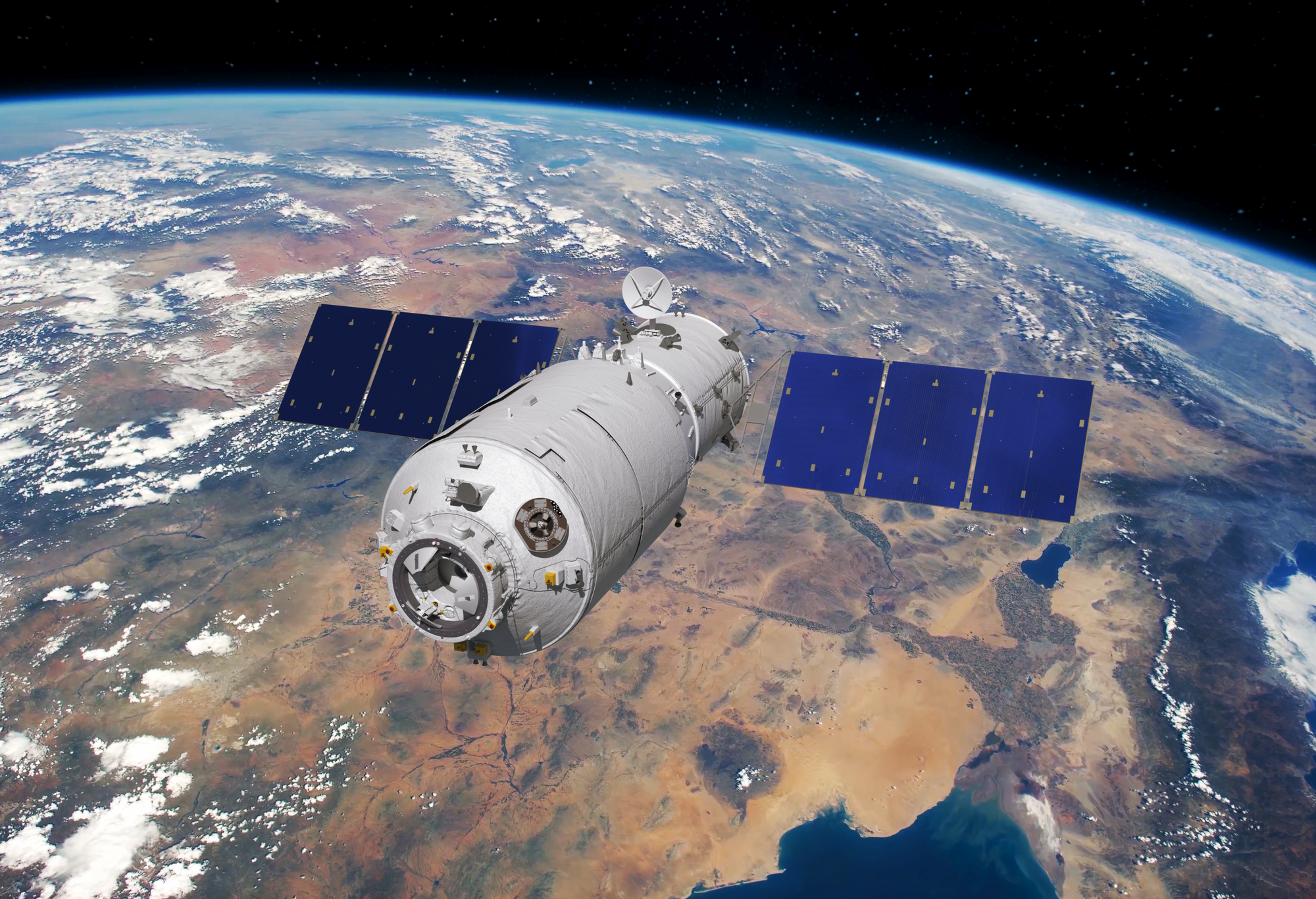 A render of a Tianzhou spacecraft with Earth in the background. ©China Manned Space Agency