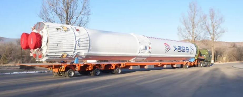 The first-stage of the Long March 6A Y3 vehicle during delivery to the launch site.