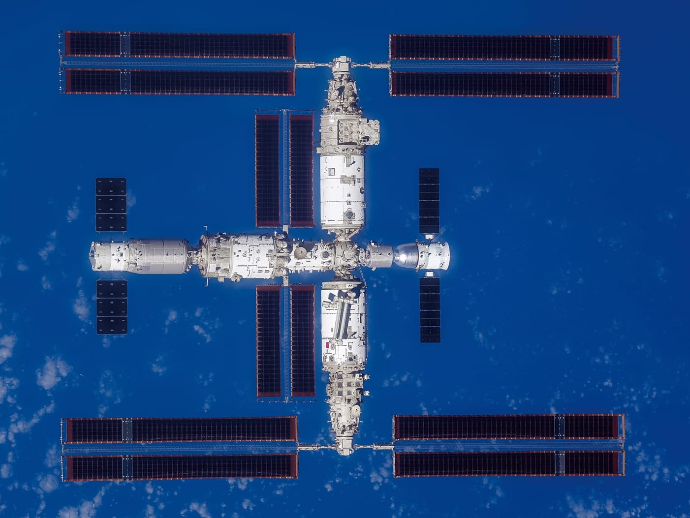 The Tiangong Space Station with a Tainzhou (left) and Shenzhou (right) spacecraft docked. ©China Manned Space Agency