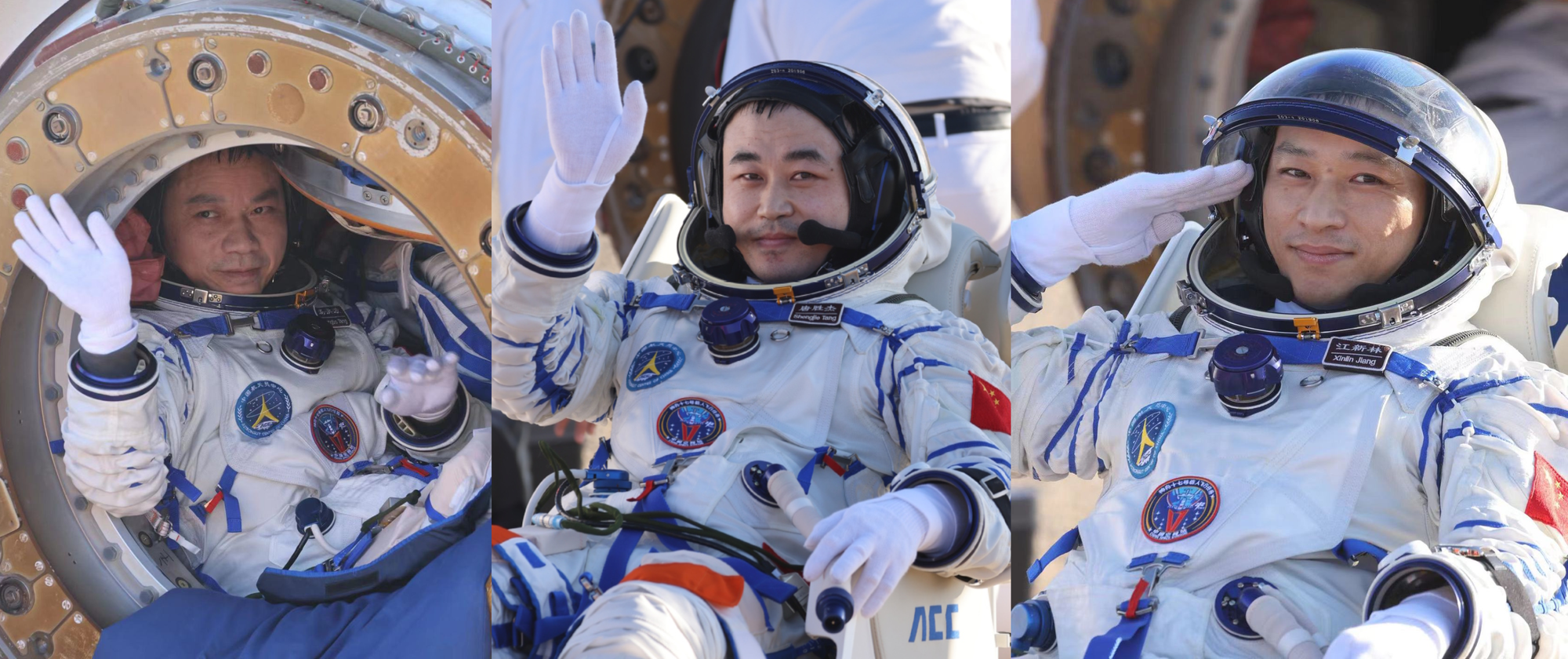 Tang Hongbo emerging from the Shenzhou-17 capsule (left), Tang Shengjie after being recovered from the capsule (center), and Jiang Xinlin also after being recovered from the capsule (right). ©Xinhua