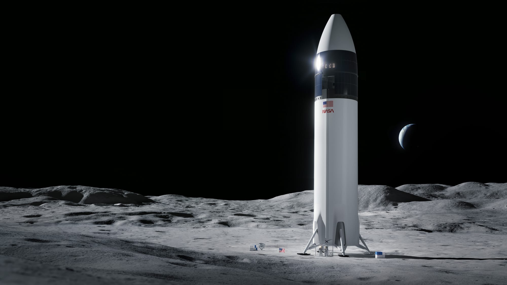 A render of the Starship Human Landing System on the Moon. ©SpaceX